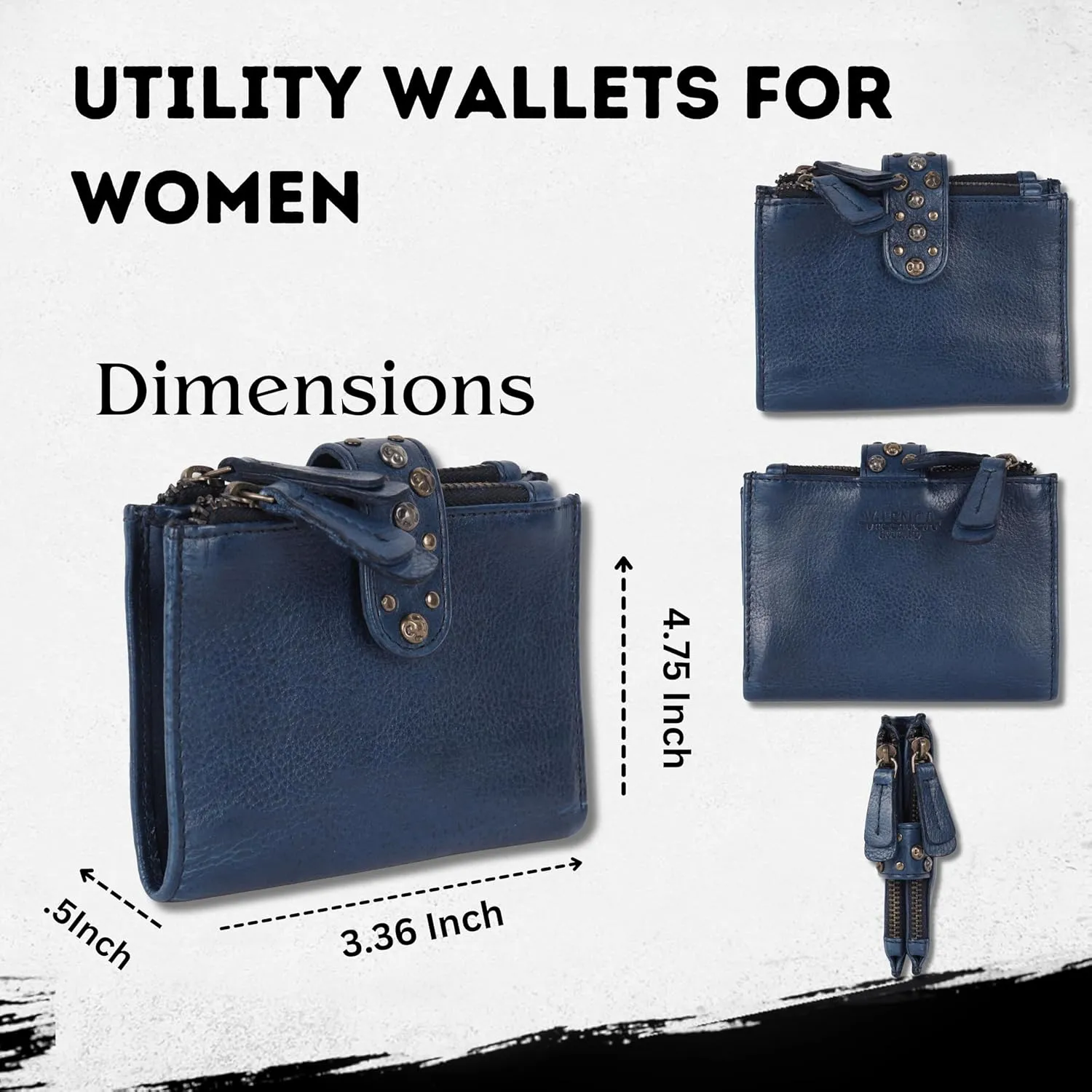 Genuine Italian Leather Boho Studded Bifold Wallet – Zipper Coin Purse & Credit Card Holder for Women (Navy)
