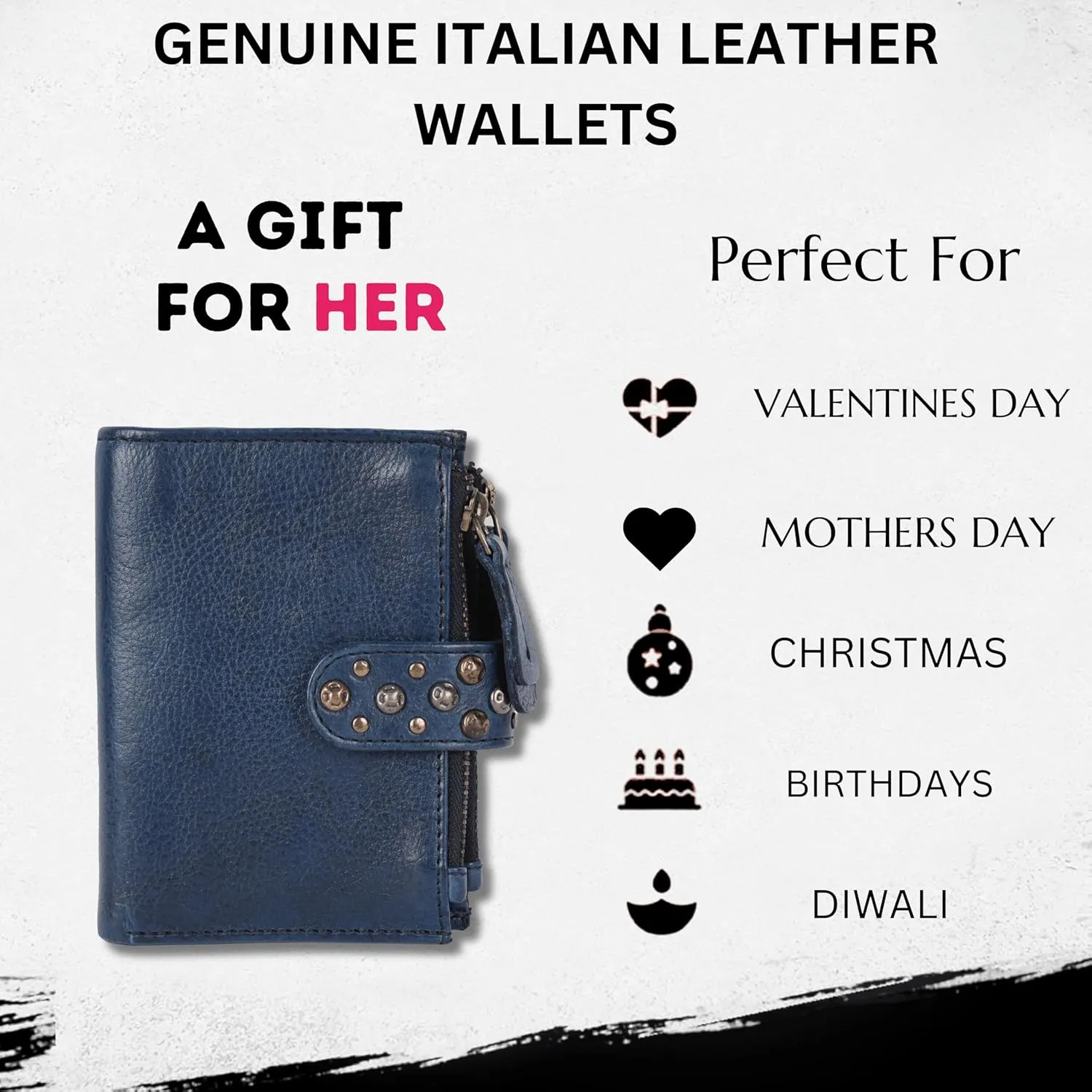 Genuine Italian Leather Boho Studded Bifold Wallet – Zipper Coin Purse & Credit Card Holder for Women (Navy)