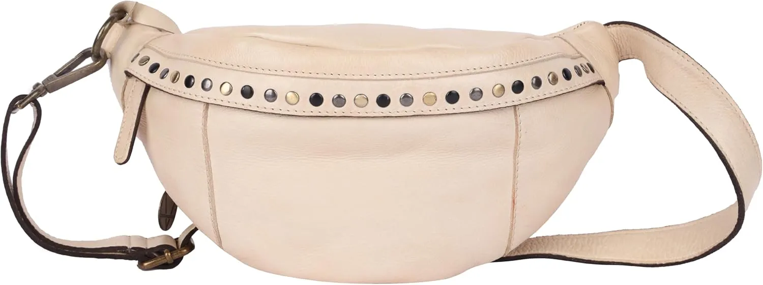 Genuine Italian Leather Boho Studded Waist Bag – Stylish & Durable Unisex Travel Fanny Pack for Essentials (Beige)