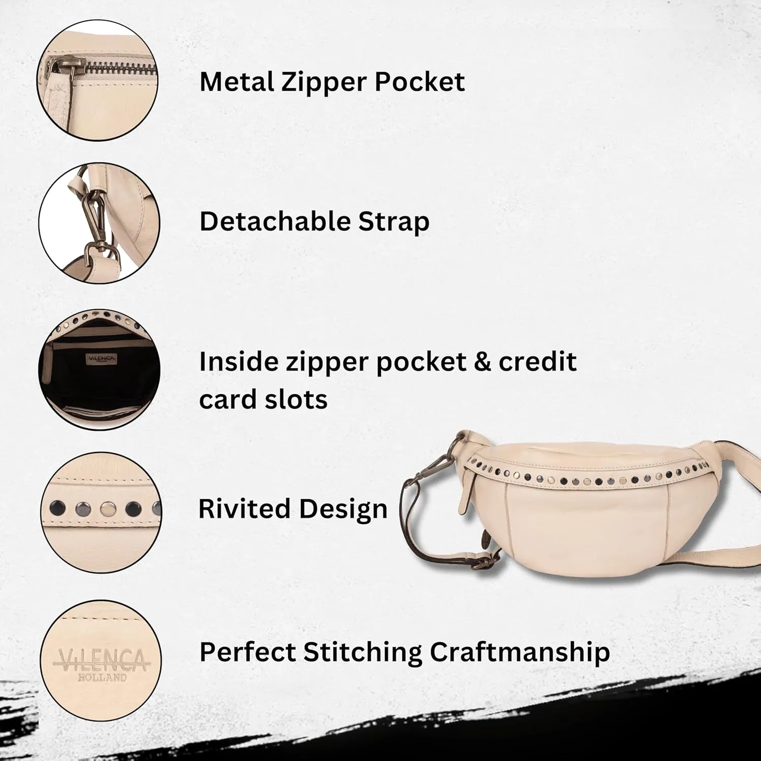 Genuine Italian Leather Boho Studded Waist Bag – Stylish & Durable Unisex Travel Fanny Pack for Essentials (Beige)
