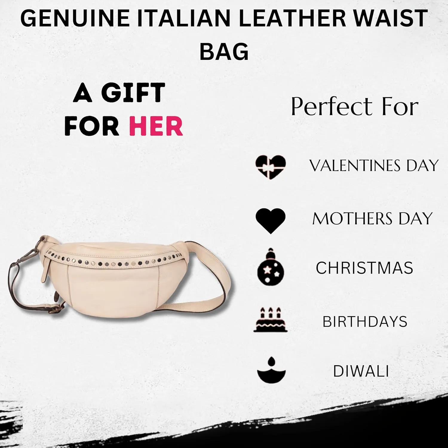 Genuine Italian Leather Boho Studded Waist Bag – Stylish & Durable Unisex Travel Fanny Pack for Essentials (Beige)
