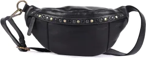 Genuine Italian Leather Boho Studded Waist Bag – Stylish & Durable Unisex Travel Fanny Pack for Essentials (Black)