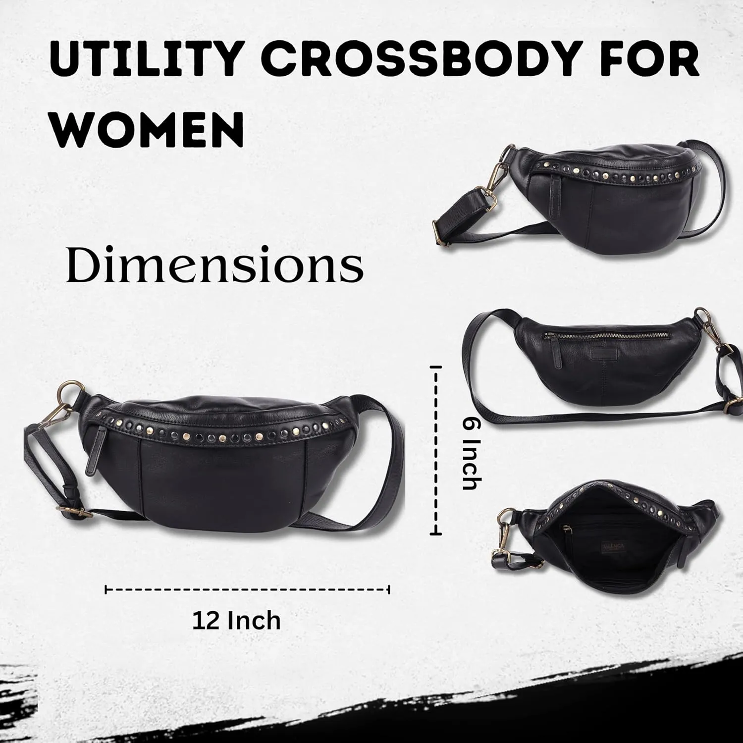 Genuine Italian Leather Boho Studded Waist Bag – Stylish & Durable Unisex Travel Fanny Pack for Essentials (Black)