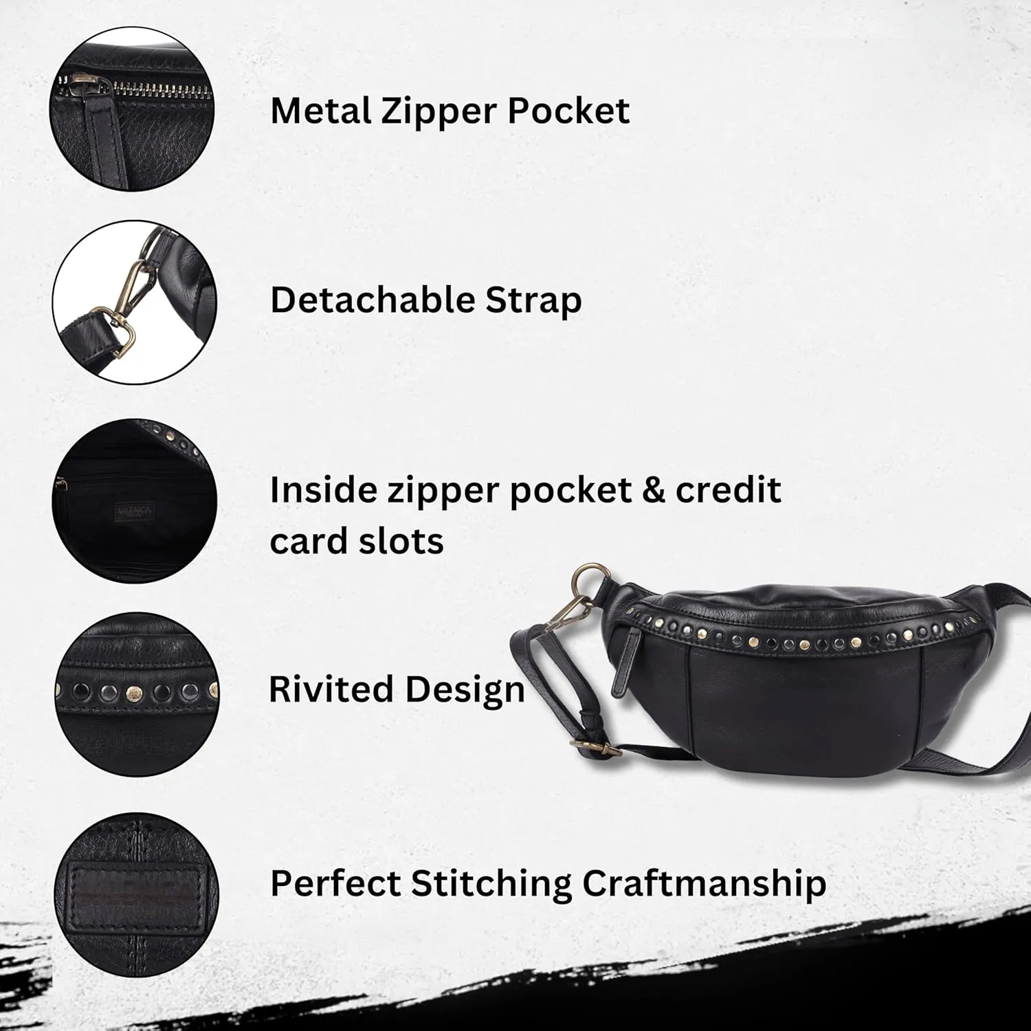 Genuine Italian Leather Boho Studded Waist Bag – Stylish & Durable Unisex Travel Fanny Pack for Essentials (Black)