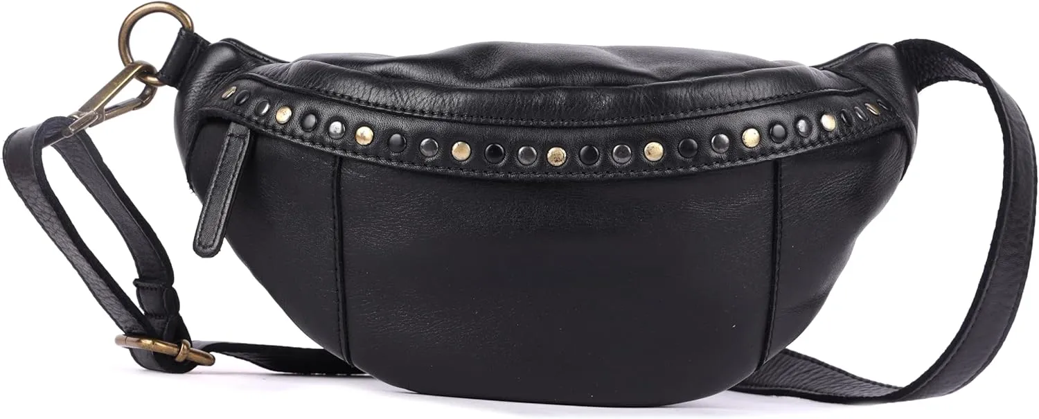 Genuine Italian Leather Boho Studded Waist Bag – Stylish & Durable Unisex Travel Fanny Pack for Essentials (Black)