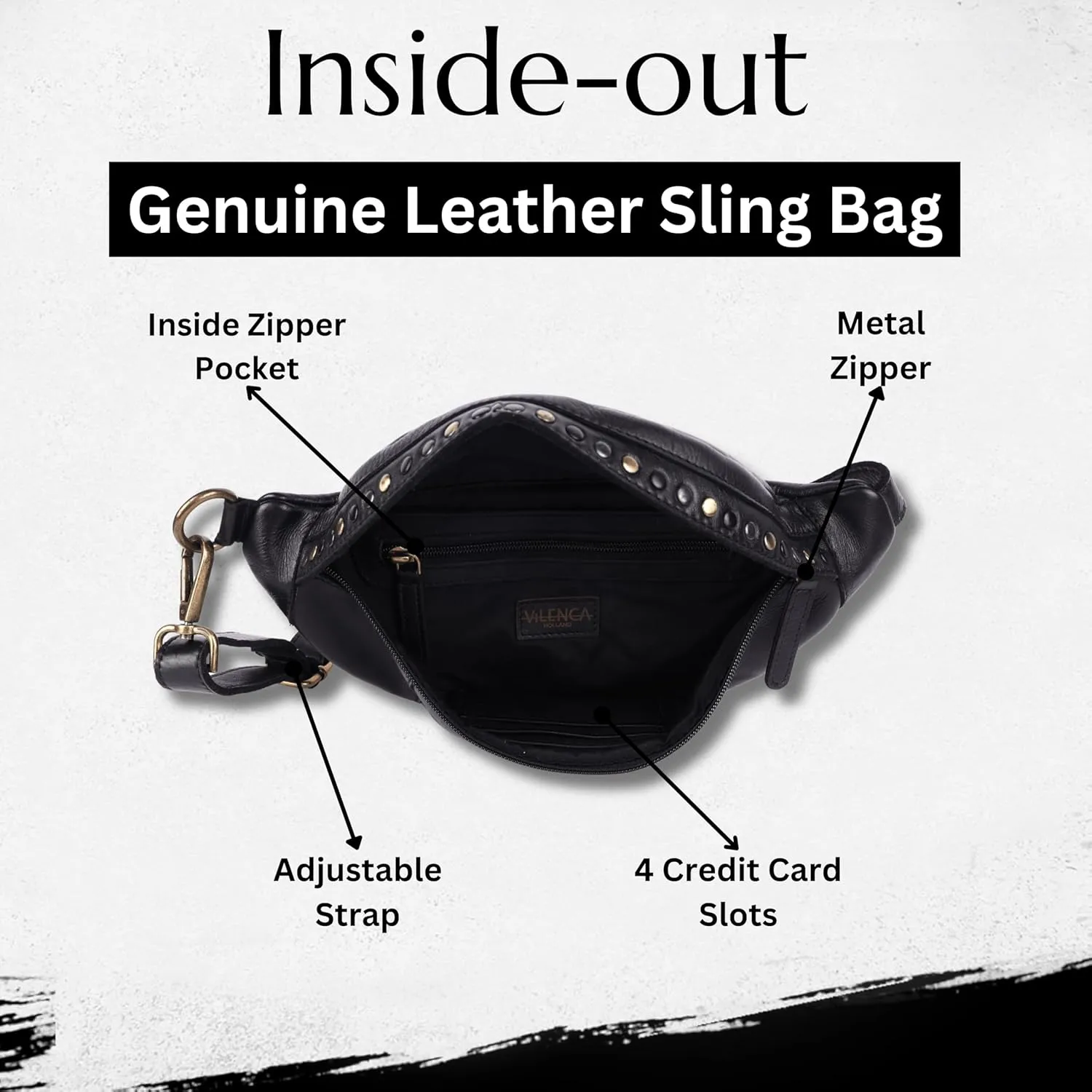 Genuine Italian Leather Boho Studded Waist Bag – Stylish & Durable Unisex Travel Fanny Pack for Essentials (Black)