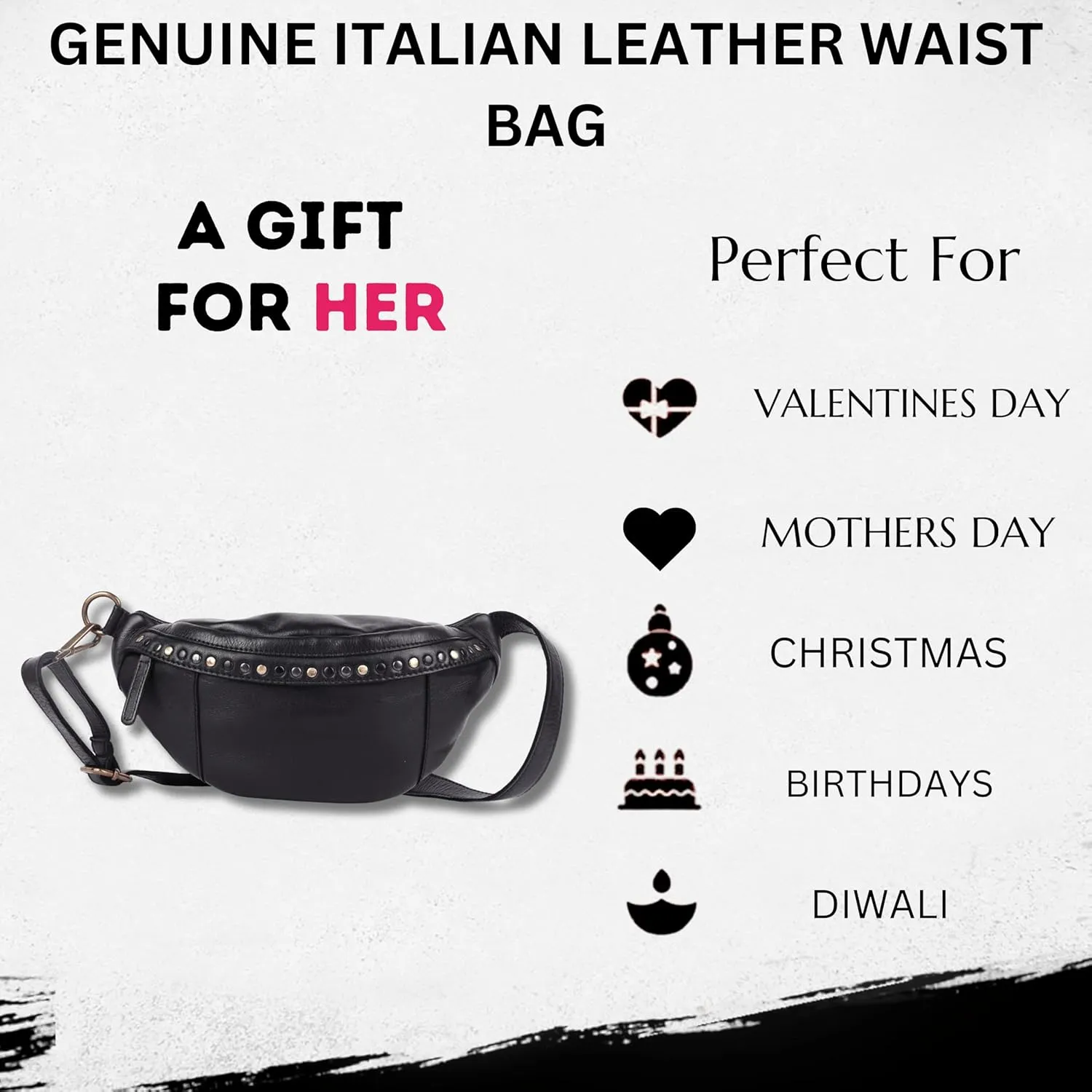 Genuine Italian Leather Boho Studded Waist Bag – Stylish & Durable Unisex Travel Fanny Pack for Essentials (Black)