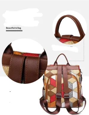 Geometric Pattern Backpack Purse, Multi-Color Patchwork Design, PU Leather, Convertible Shoulder Bag with Zipper