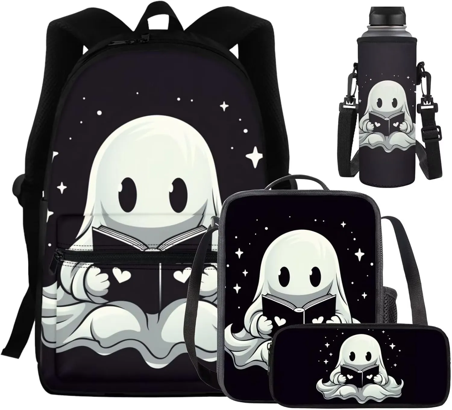 Ghost Print Backpack and Lunch Box Set Boys Kids Book Bag Multi Compartments Not Pressure Shoulder Lunch Bag Cup Cover Pencil Pounch Essentials for Preschool Students