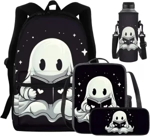 Ghost Print Backpack and Lunch Box Set Boys Kids Book Bag Multi Compartments Not Pressure Shoulder Lunch Bag Cup Cover Pencil Pounch Essentials for Preschool Students