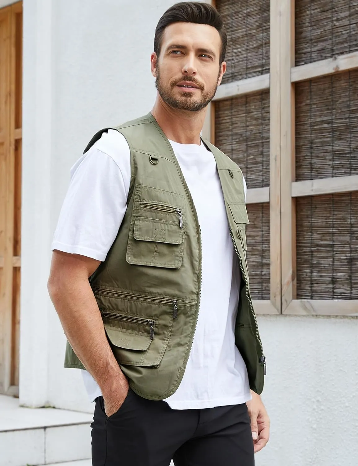 Gihuo Men's Fishing Vest Utility Safari Travel Vest with Pockets Outdoor Work Photo Cargo Fly Summer Vest