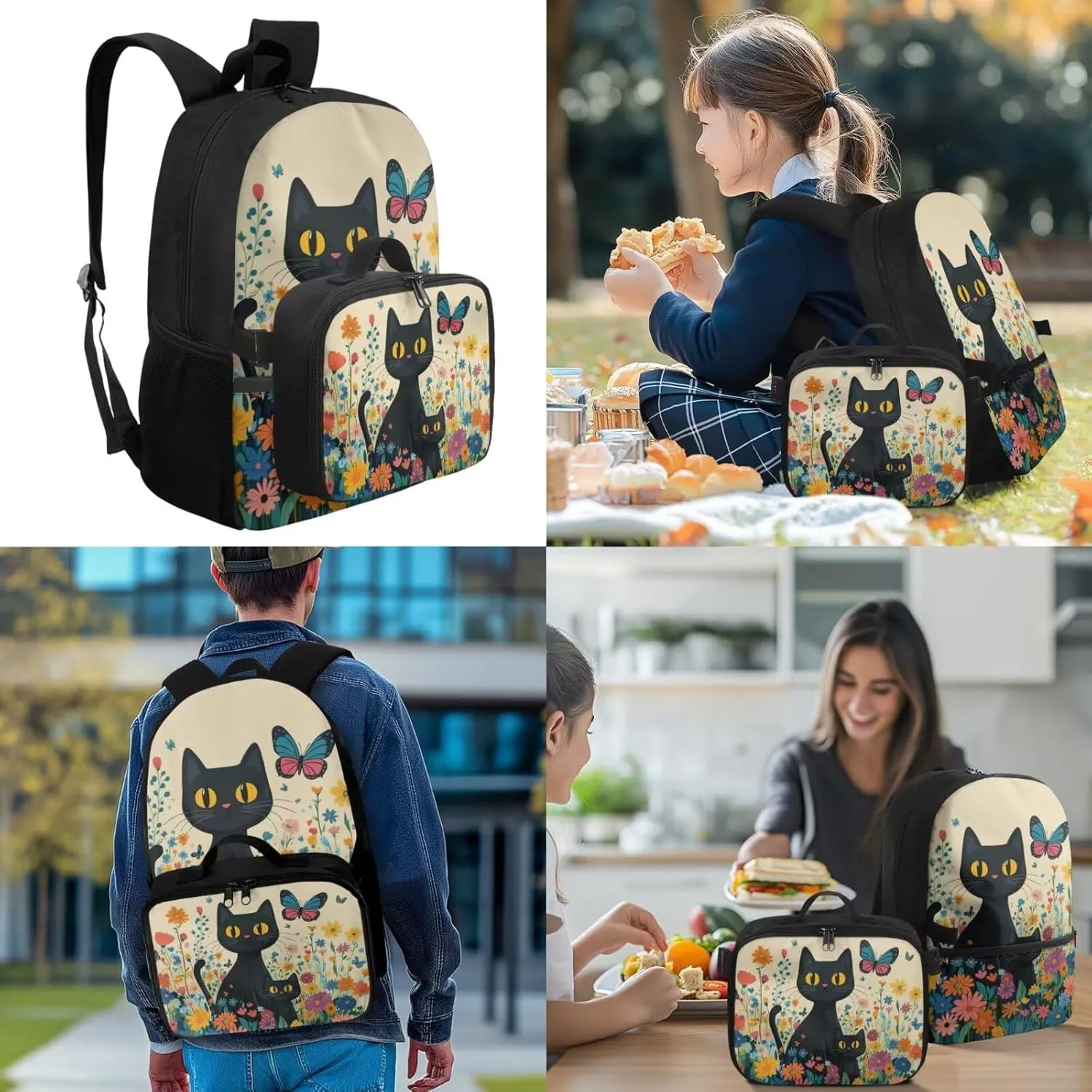 Girl Backpacks Ages 8-12 Cat Backpack and Lunch Box for Girls Butterfly Backpack Set Cute Backpack for 6th Grade Girls Bookbag for Elementary Kids Book Bag Back to School Gifts