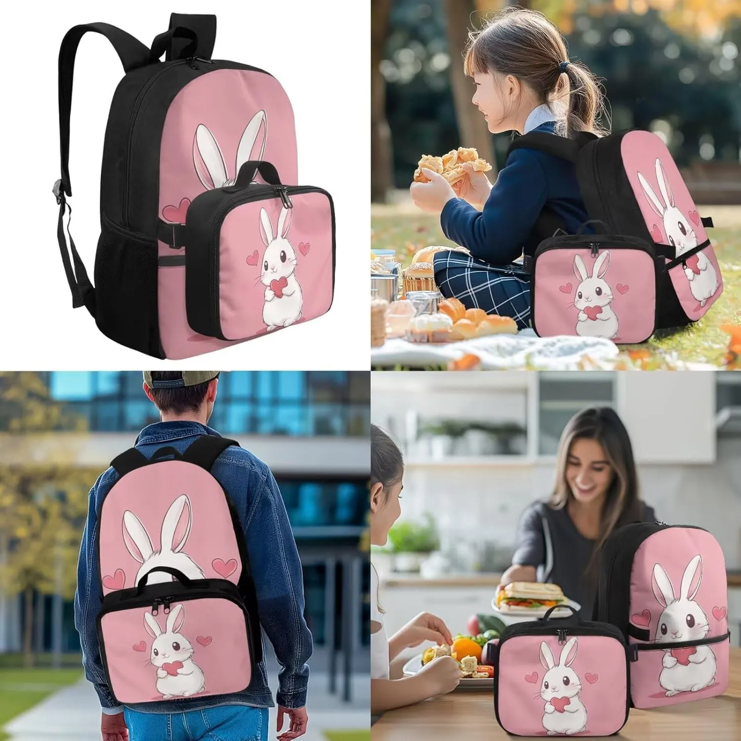 Girls Backpacks Ages 8-10 Bunny Backpack for Kids Little Girl School Backpack for Girls with Lunch Box Set for Active Kids Primary School Back Pack with Pencil Case Water Bottle Sleeve