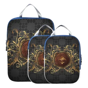 Gold Golden Fleur De Lis Design with Flowers Vintage Background 3 Set Packing Cubes, Waterproof Check Oxford cloth Organizers, Travel Packing Toiletry Storage Bag