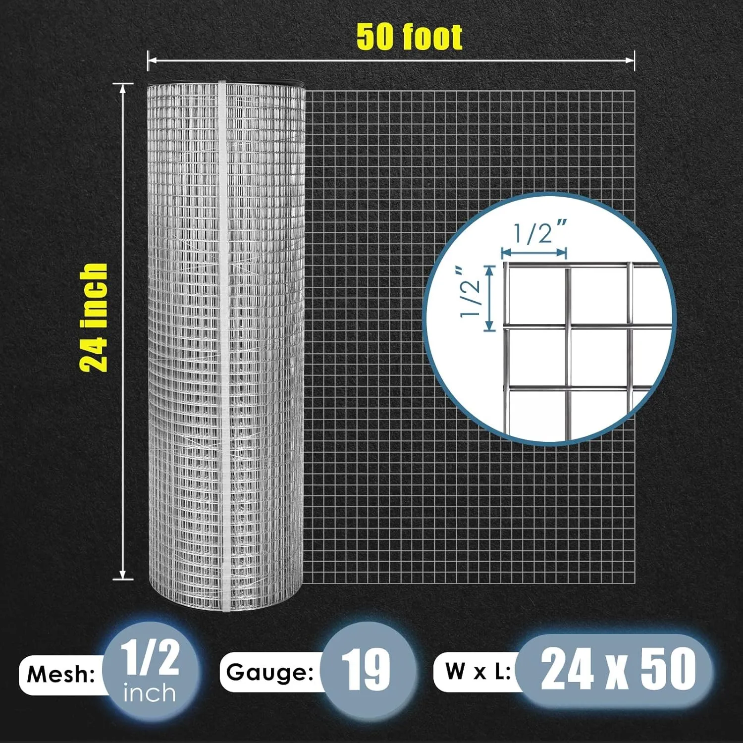 GoldPeak Hardware Cloth 1/2 inch 24in. x 50ft. 19 Gauge, Hot-dip Galvanized After Welding, Chicken Wire Fencing Snake Fencing Welded Wire Fence Roll Wire Mesh Fencing