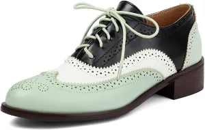 GORBINETI Women's Perforated Lace up Business Oxford Wingtip Round Toe Multicolor Leather Flat Oxford Retro Brogues Dress Shoes