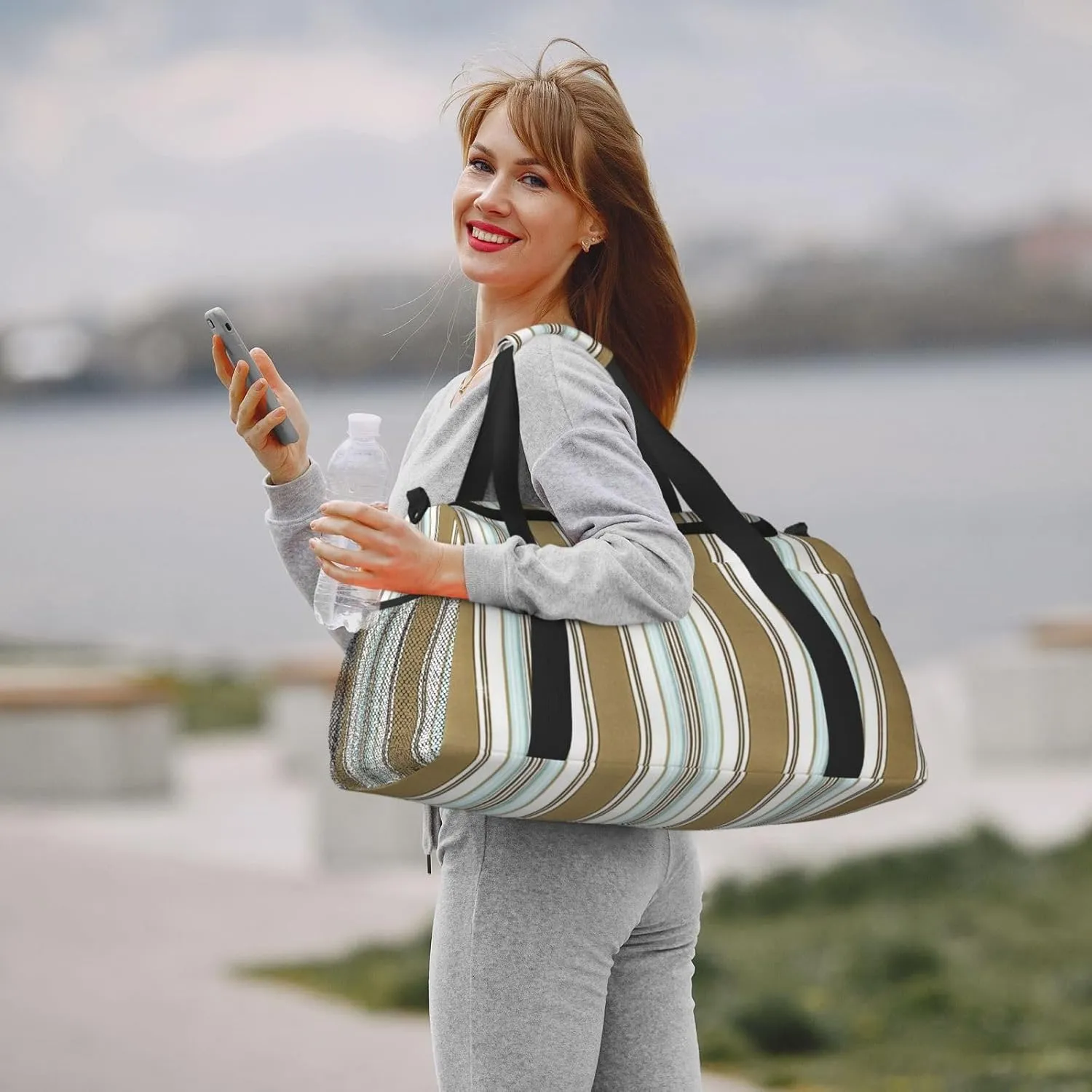 Gray Blue Stripes Travel Duffel Bag Large Foldable Waterproof Overnight Bag For Beach Swim Bags Pool Sports Gym