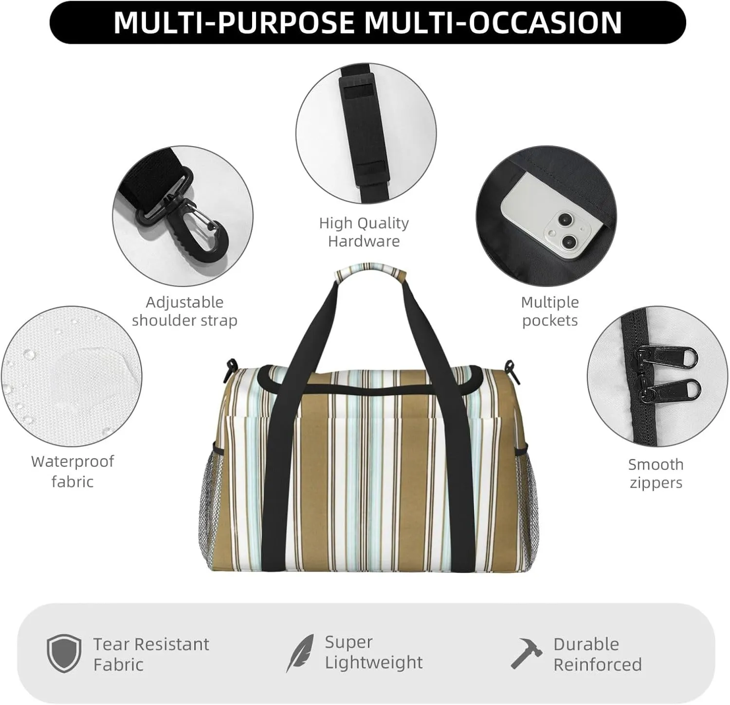 Gray Blue Stripes Travel Duffel Bag Large Foldable Waterproof Overnight Bag For Beach Swim Bags Pool Sports Gym