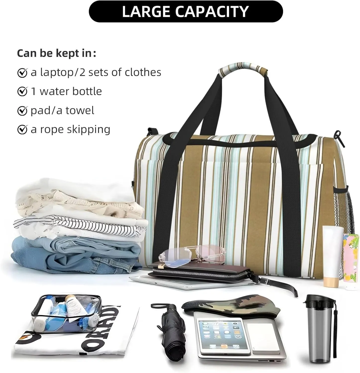 Gray Blue Stripes Travel Duffel Bag Large Foldable Waterproof Overnight Bag For Beach Swim Bags Pool Sports Gym