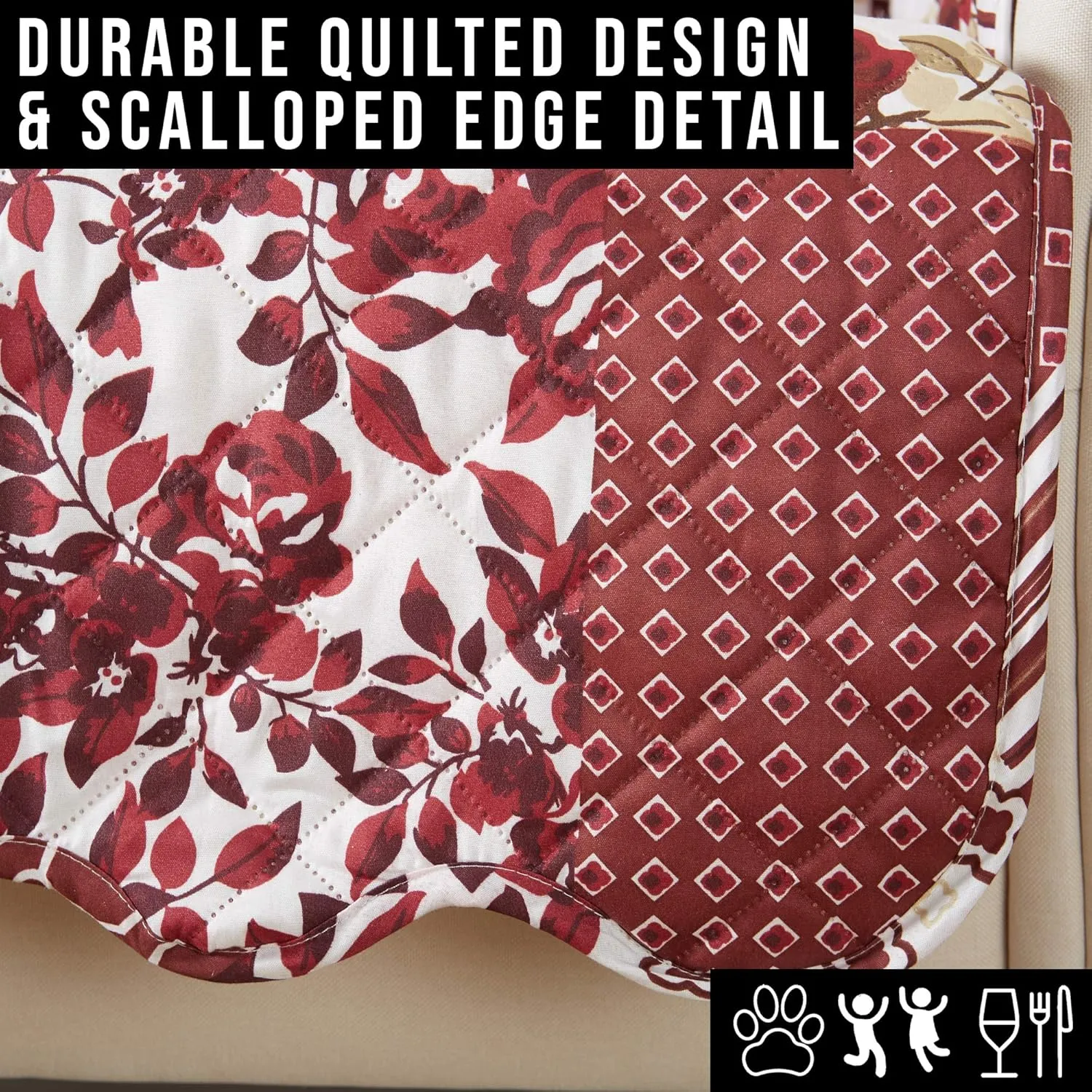 Great Bay Home Patchwork Scalloped Printed Furniture Protector Stain Resistant Recliner Cover (Recliner, Burgundy)