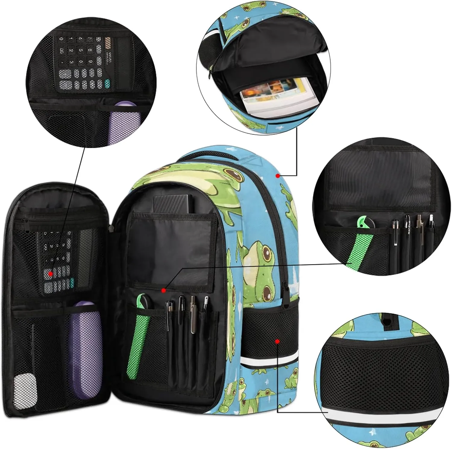 Green Frog Travel Backpack Cartoon Pond Animals Waterproof Laptop Shoulder Bag with Adjustable Strap Casual Hiking Gym Travel Daypack