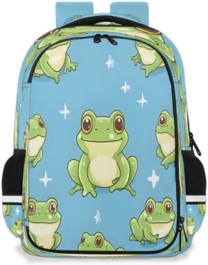 Green Frog Travel Backpack Cartoon Pond Animals Waterproof Laptop Shoulder Bag with Adjustable Strap Casual Hiking Gym Travel Daypack
