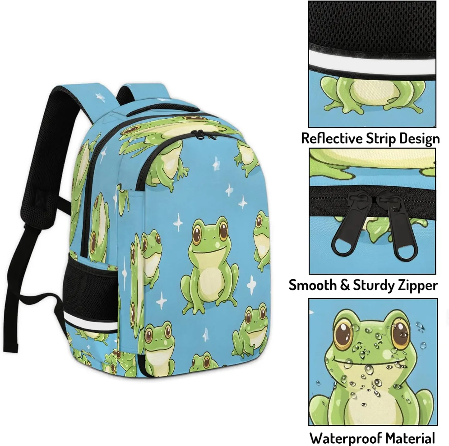Green Frog Travel Backpack Cartoon Pond Animals Waterproof Laptop Shoulder Bag with Adjustable Strap Casual Hiking Gym Travel Daypack