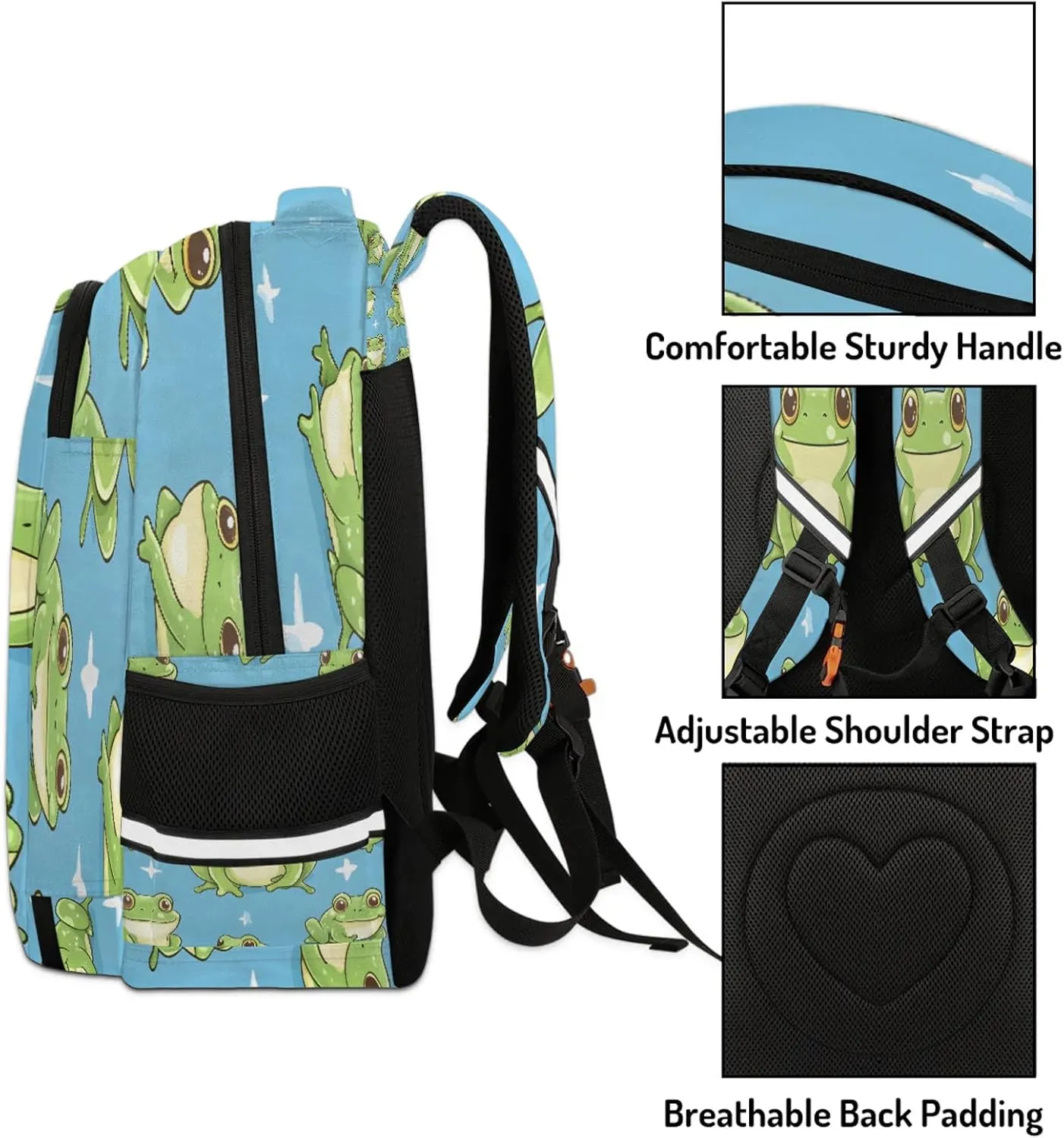 Green Frog Travel Backpack Cartoon Pond Animals Waterproof Laptop Shoulder Bag with Adjustable Strap Casual Hiking Gym Travel Daypack