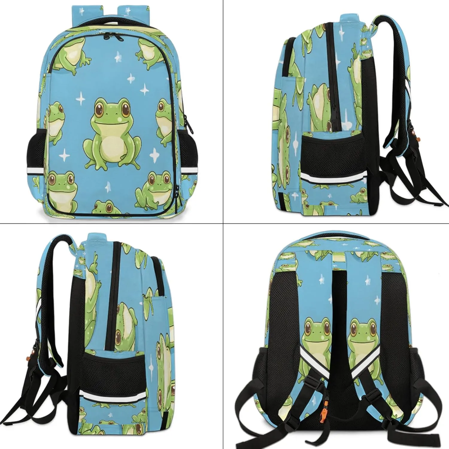 Green Frog Travel Backpack Cartoon Pond Animals Waterproof Laptop Shoulder Bag with Adjustable Strap Casual Hiking Gym Travel Daypack