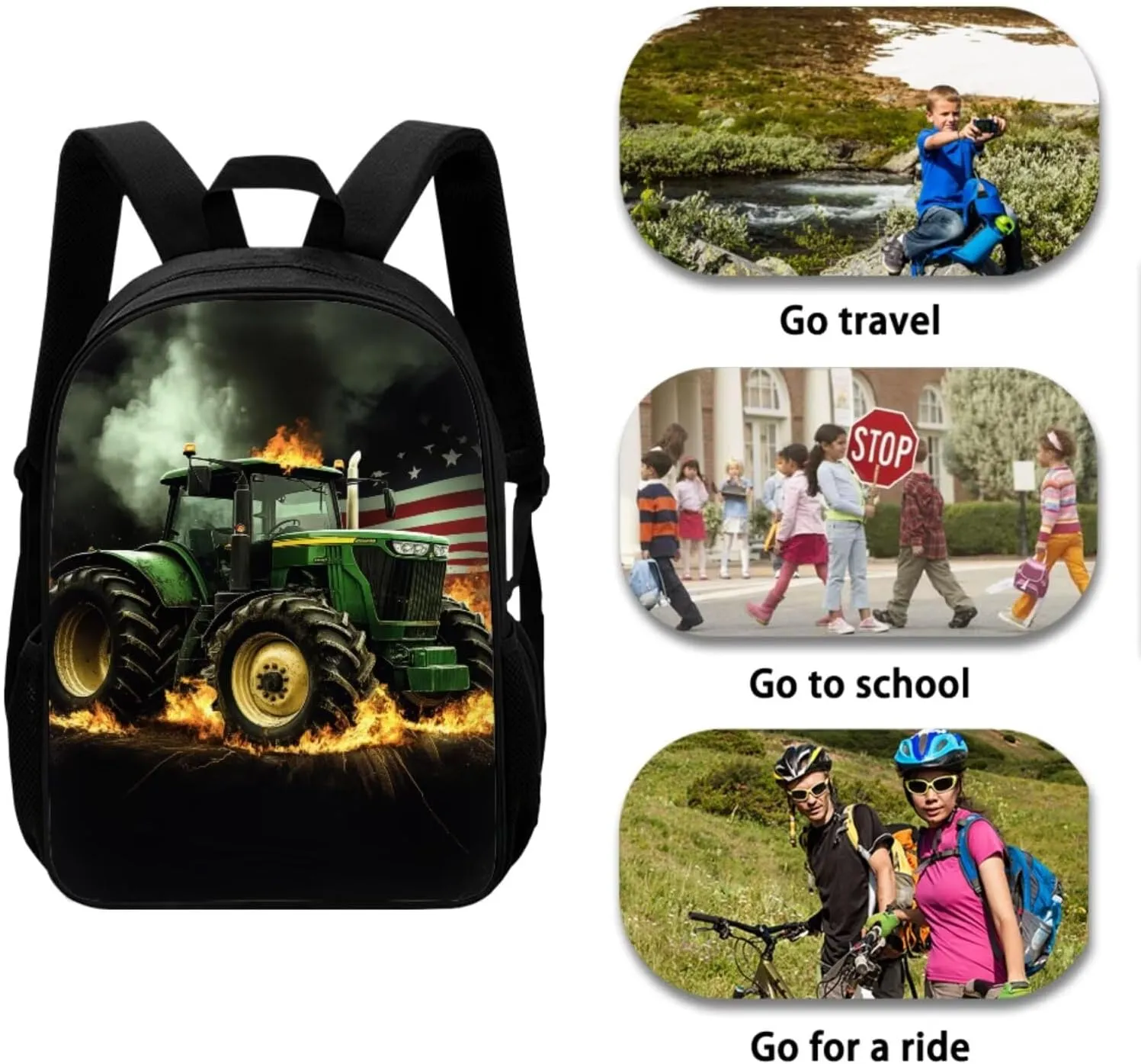 Green Tractor Elementary School Backpack for Boys Kids Bookbags with Lunch Box Bottle Pocket and Pencil Purse 4 in 1 Cool School Bag for Boys Casual Daypack Backpacks for Kids