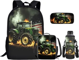 Green Tractor Elementary School Backpack for Boys Kids Bookbags with Lunch Box Bottle Pocket and Pencil Purse 4 in 1 Cool School Bag for Boys Casual Daypack Backpacks for Kids