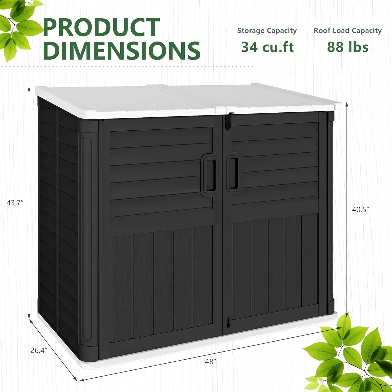 Greesum Outdoor Resin Storage Shed, 34 Cu.ft Horizontal Outdoor Storage Box Waterproof for Garden, Pool Storage, Garbage Cans, Black