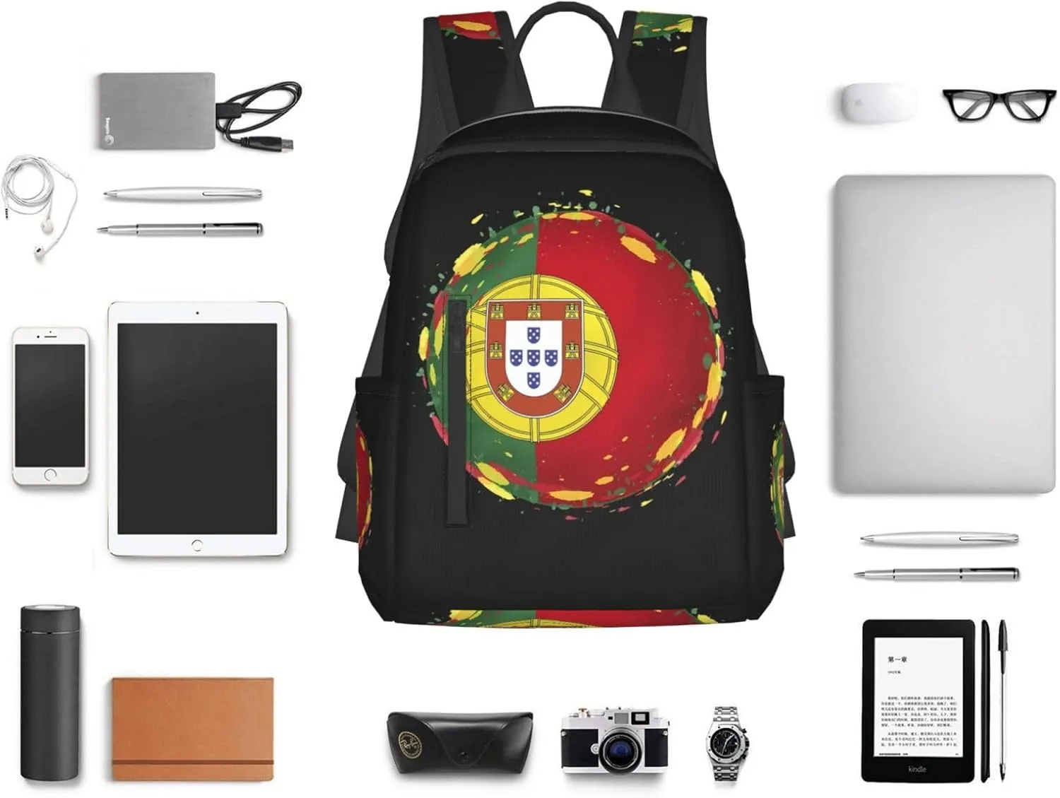 Grunge Portugal Flag Round Casual Backpacks Large Capacity Laptop Backpack Sports Rucksack Travel Daypack Adjustable Shoulder Strap Work Bag for Outdoor Camping