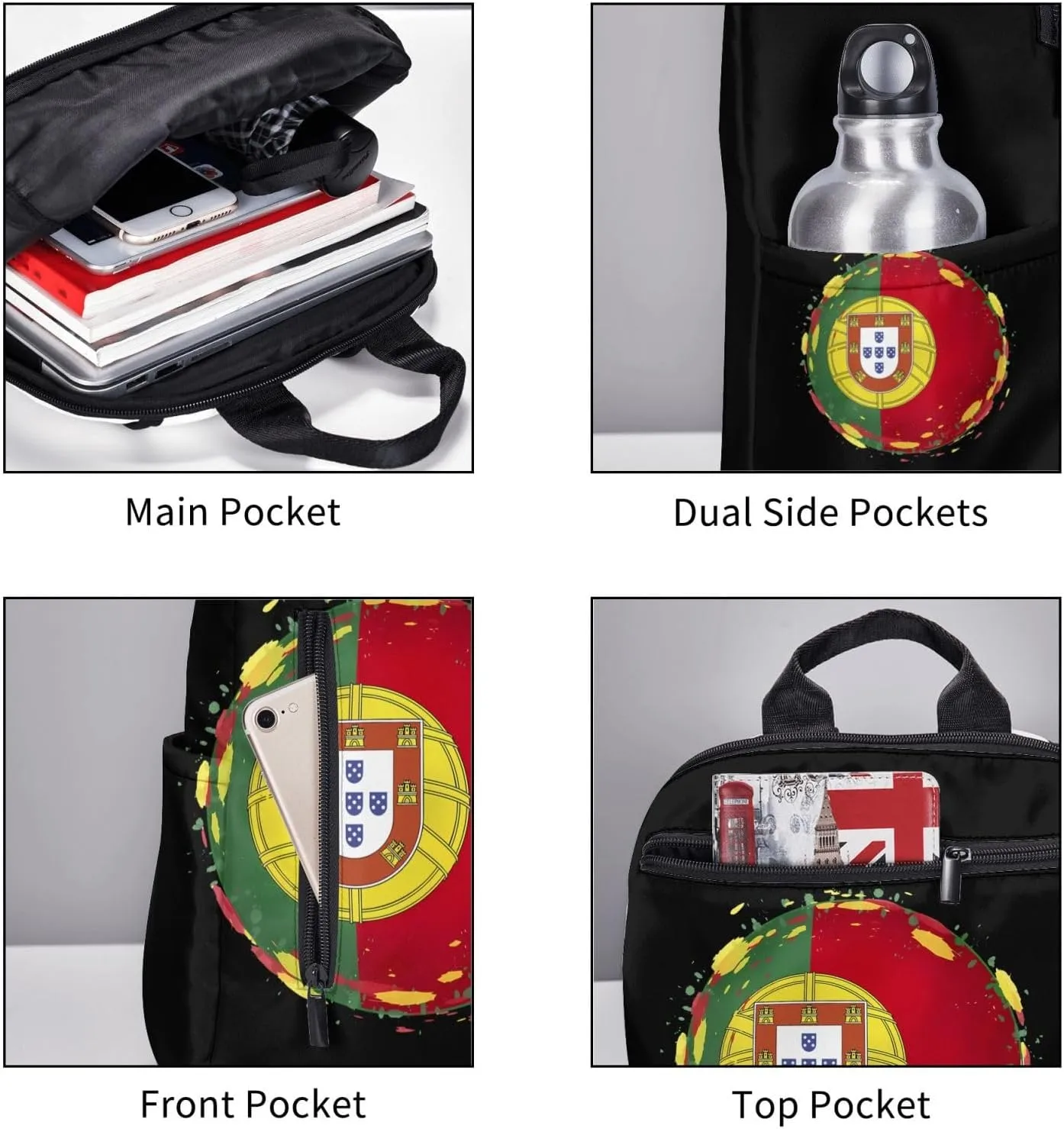 Grunge Portugal Flag Round Casual Backpacks Large Capacity Laptop Backpack Sports Rucksack Travel Daypack Adjustable Shoulder Strap Work Bag for Outdoor Camping