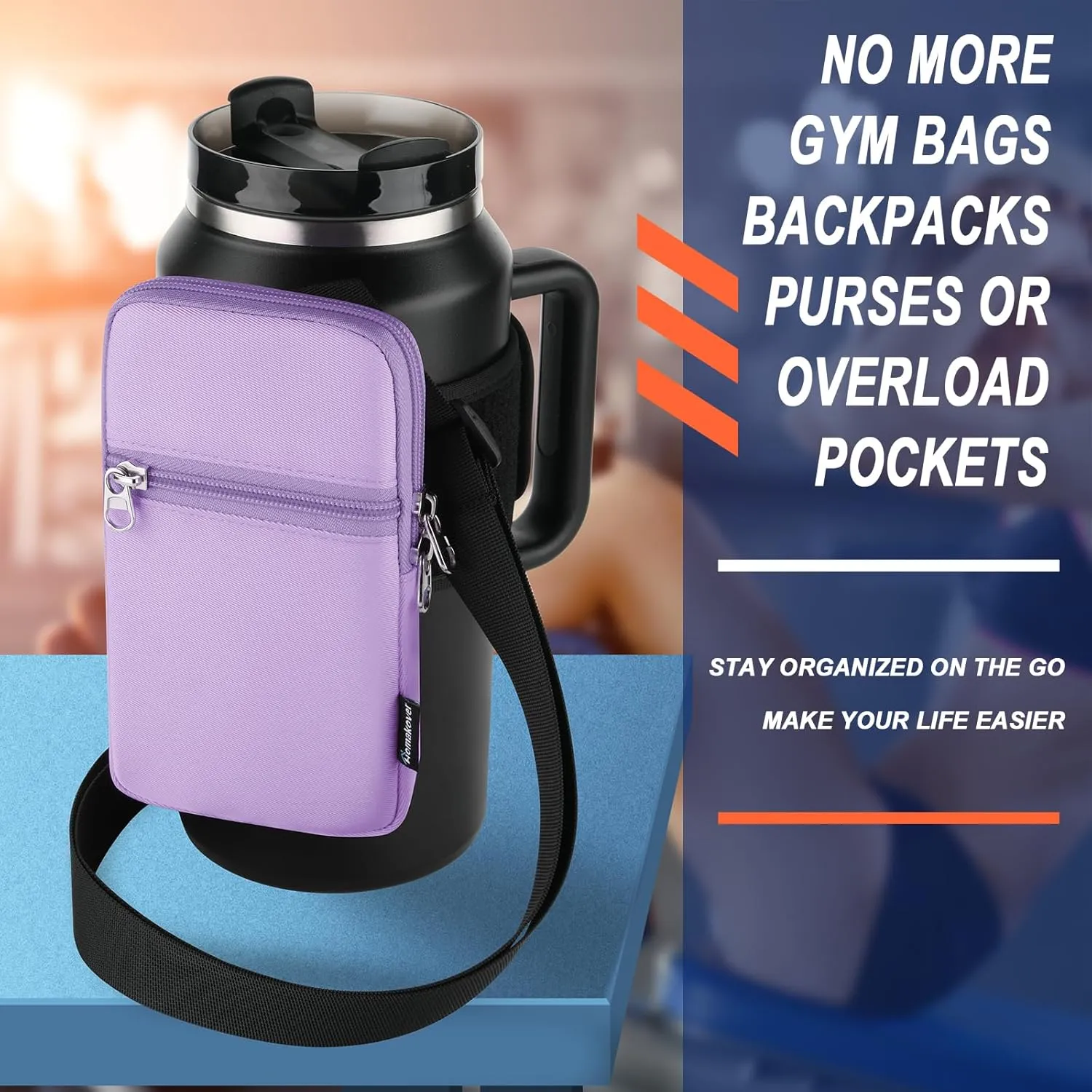 Gym Water Bottle Pouch for Stanley Tumbler with Handle, Universal Water Bottle Carrier Sling Sleeve with Strap & Pocket, Fits for A Variety of Stanley Tumbler, Gym Water Bottles for Owala, 40-128 oz