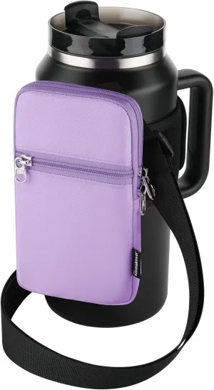 Gym Water Bottle Pouch for Stanley Tumbler with Handle, Universal Water Bottle Carrier Sling Sleeve with Strap & Pocket, Fits for A Variety of Stanley Tumbler, Gym Water Bottles for Owala, 40-128 oz