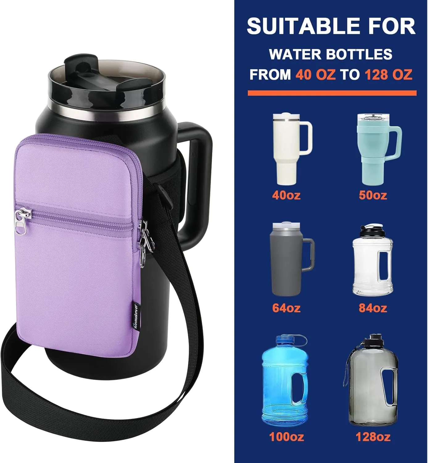 Gym Water Bottle Pouch for Stanley Tumbler with Handle, Universal Water Bottle Carrier Sling Sleeve with Strap & Pocket, Fits for A Variety of Stanley Tumbler, Gym Water Bottles for Owala, 40-128 oz