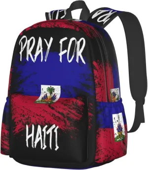 Haiti Flag Pray For Haiti Large Travel Backpack Casual Backpacks Laptop Daypack Working Rucksack Lightweight Back Pack Sports Bag with Adjustable Shoulder Strap