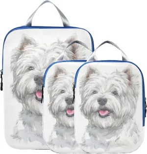 Hand Drawn West Highland White Terrier Breed Dog Paint 3 Set Packing Cubes, Travel Packing Organizers for Suitcases, Waterproof Check Oxford Toiletry Compression Luggage Storage Bag