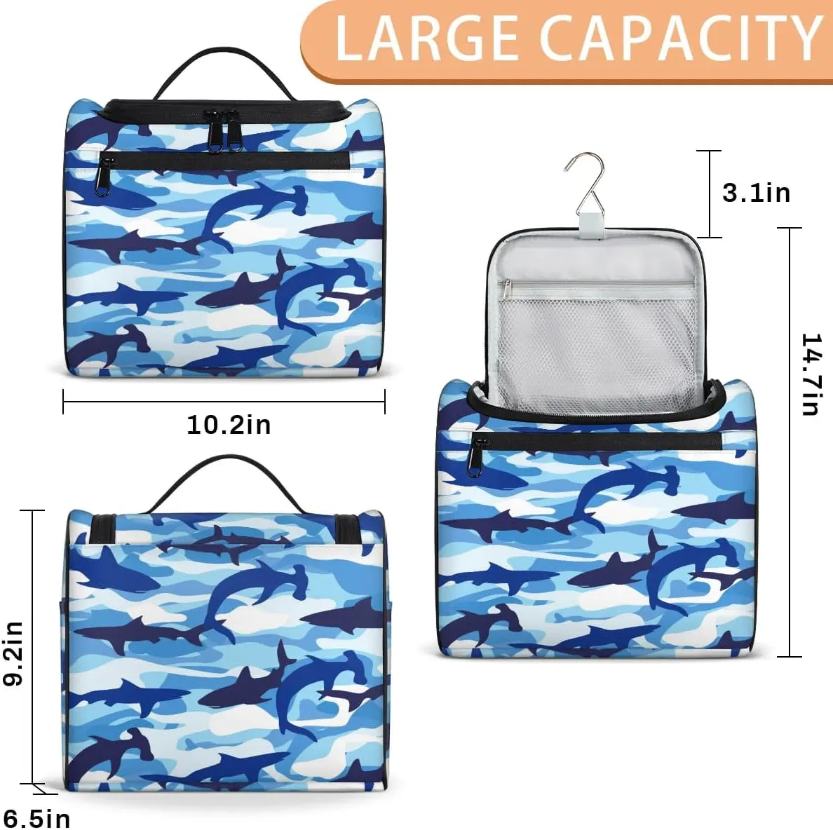 Hanging Travel Toiletry Bag for Women Men Makeup Bag Organizer Navy Blue Camo Nautical Ocean Shark Large Cosmetic Bag Waterproof Dopp Kit Travel Bag for Toiletries Accessories Essentials