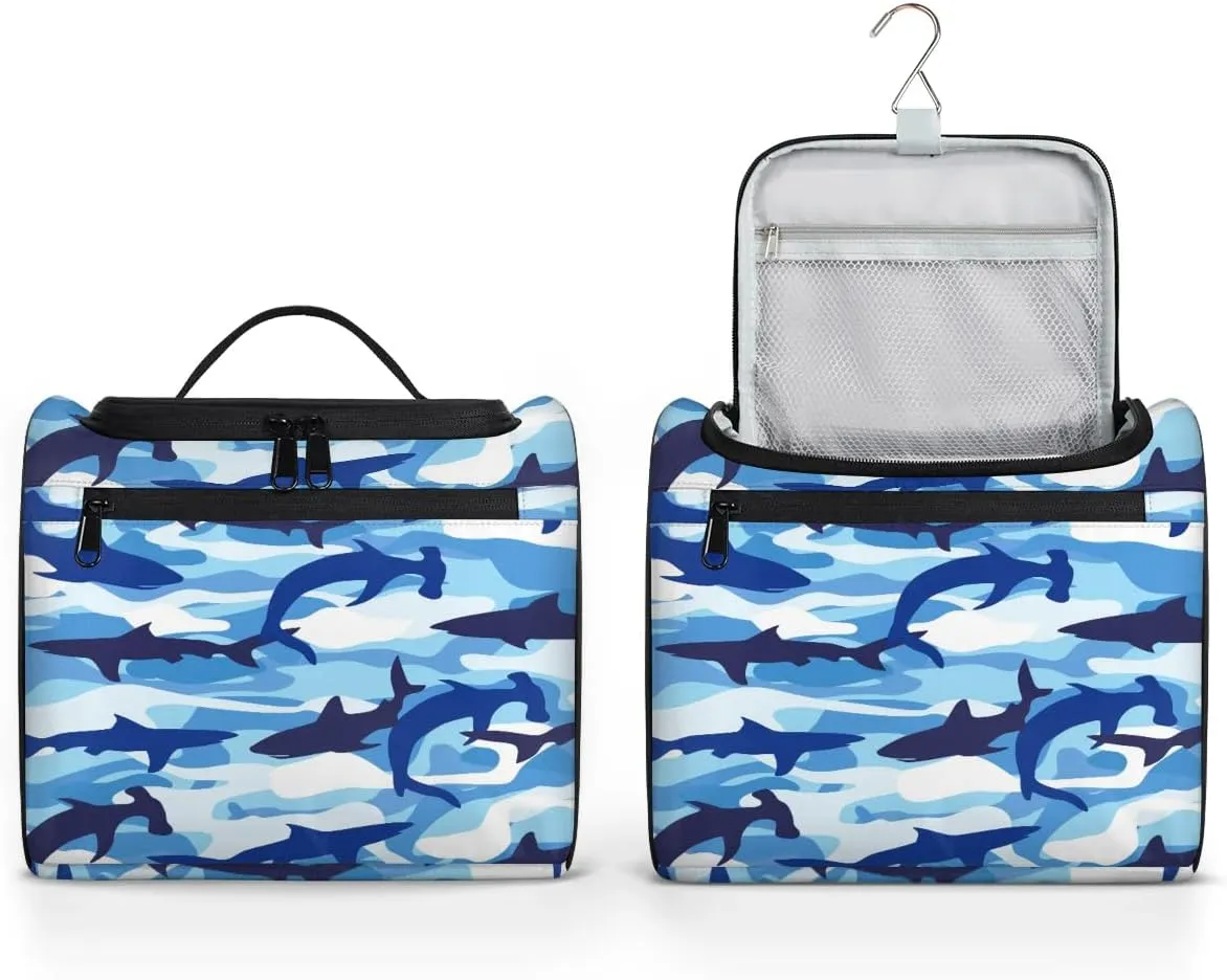 Hanging Travel Toiletry Bag for Women Men Makeup Bag Organizer Navy Blue Camo Nautical Ocean Shark Large Cosmetic Bag Waterproof Dopp Kit Travel Bag for Toiletries Accessories Essentials