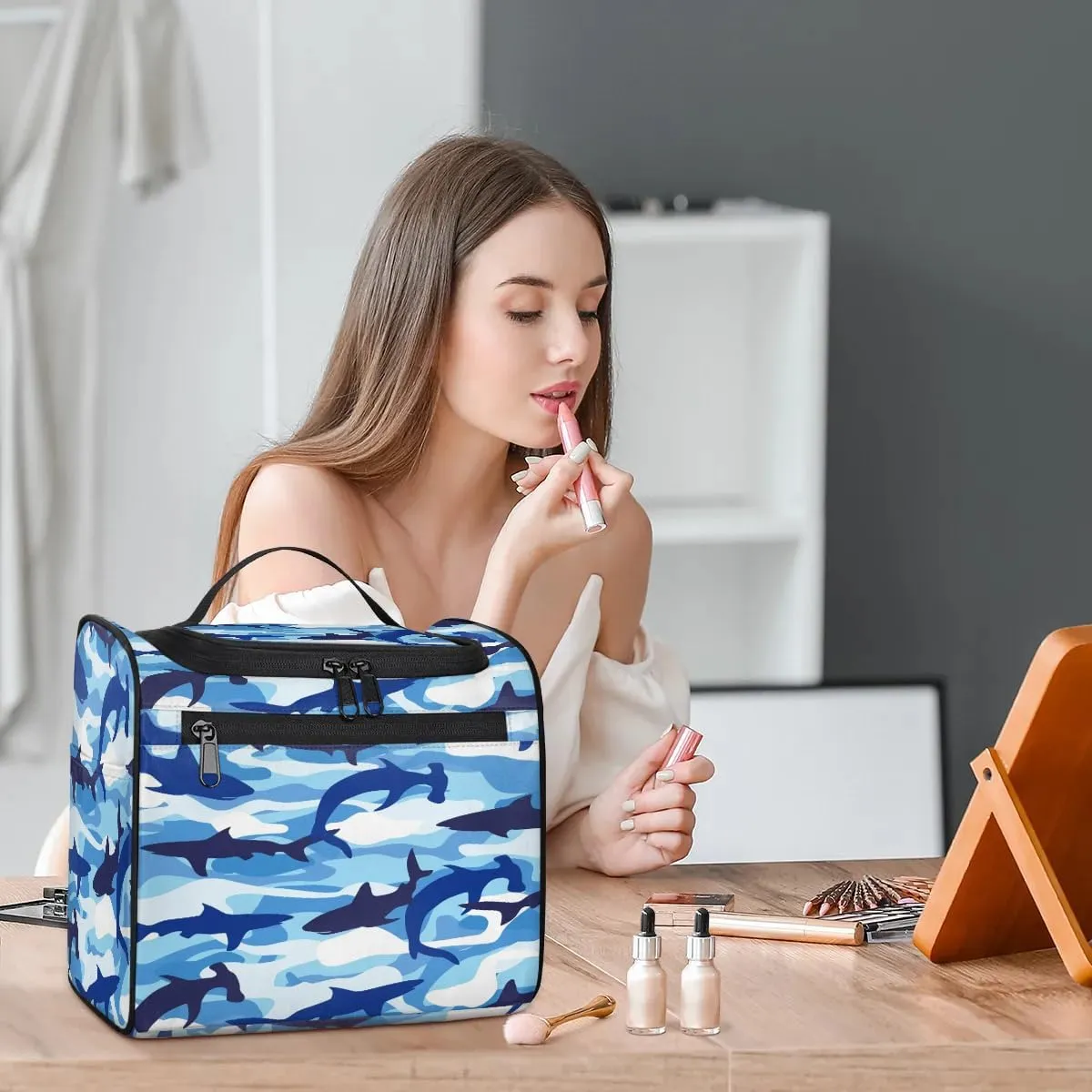 Hanging Travel Toiletry Bag for Women Men Makeup Bag Organizer Navy Blue Camo Nautical Ocean Shark Large Cosmetic Bag Waterproof Dopp Kit Travel Bag for Toiletries Accessories Essentials