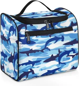 Hanging Travel Toiletry Bag for Women Men Makeup Bag Organizer Navy Blue Camo Nautical Ocean Shark Large Cosmetic Bag Waterproof Dopp Kit Travel Bag for Toiletries Accessories Essentials