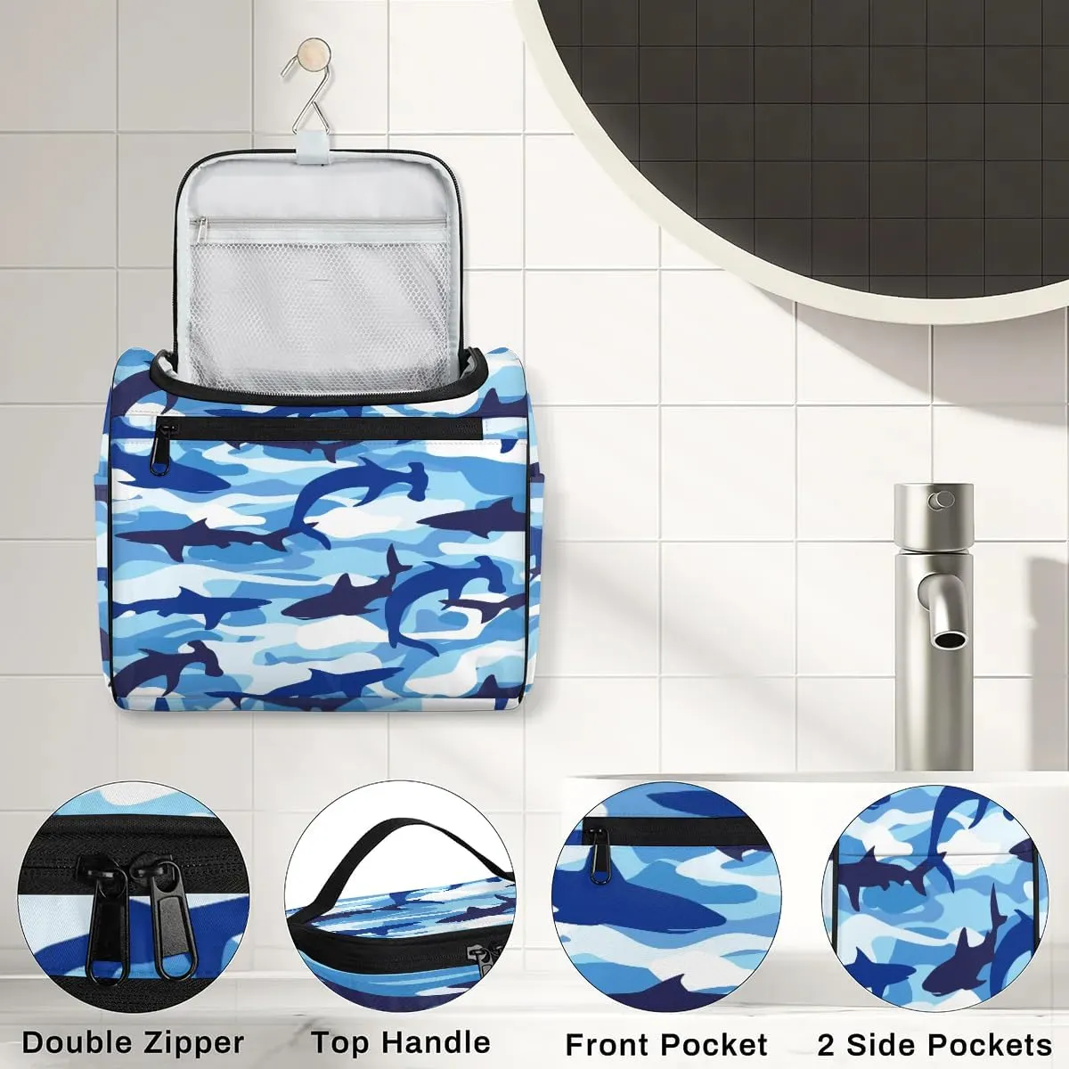 Hanging Travel Toiletry Bag for Women Men Makeup Bag Organizer Navy Blue Camo Nautical Ocean Shark Large Cosmetic Bag Waterproof Dopp Kit Travel Bag for Toiletries Accessories Essentials