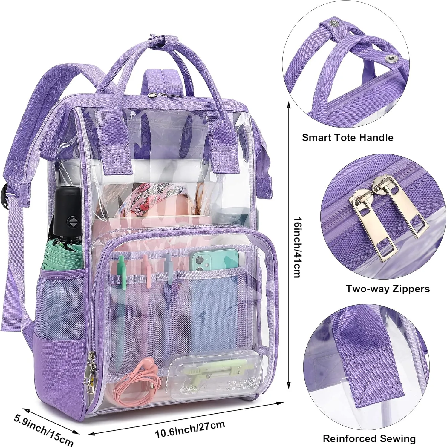 Heavy Duty Clear Backpack for Men Women, School Bag Bookbag PVC Plastic Transparent Backpacks for Boys Girls (Lavender Purple)