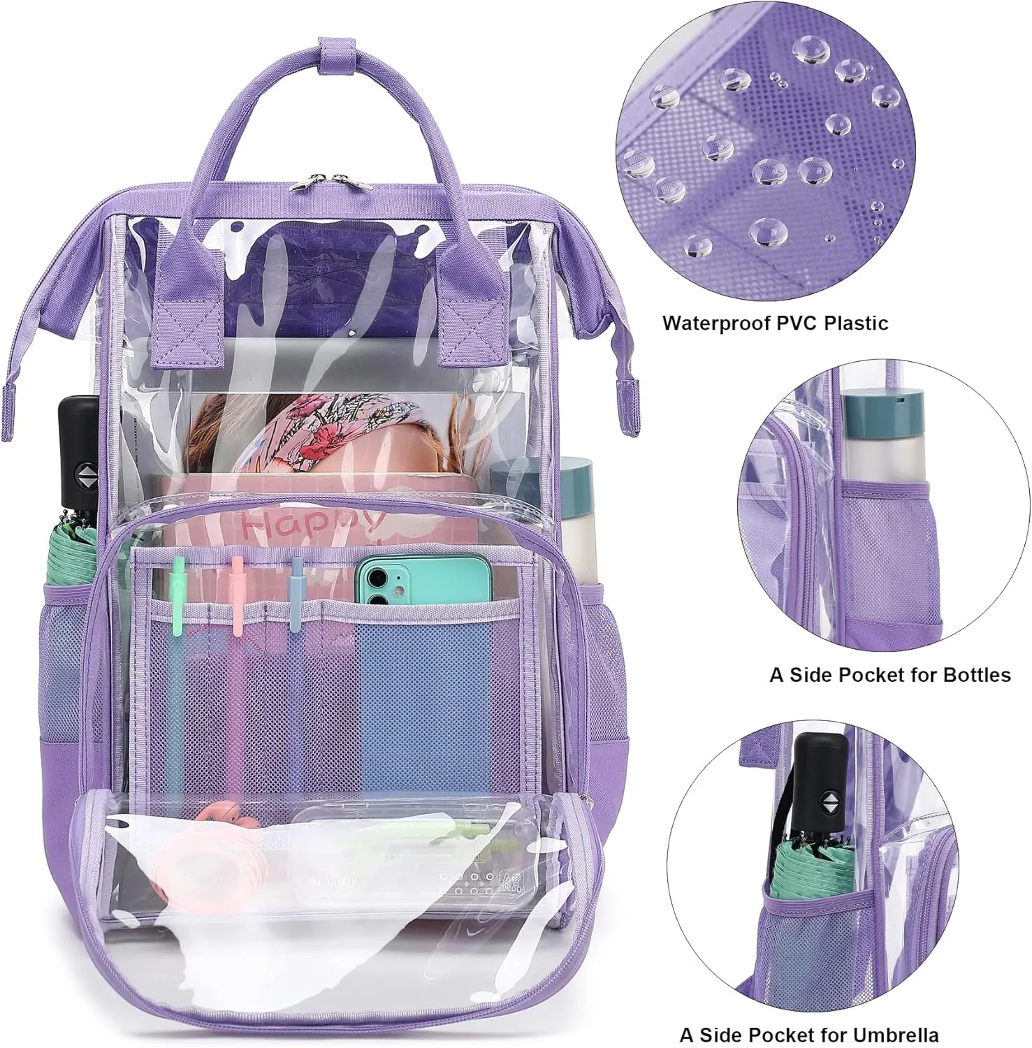 Heavy Duty Clear Backpack for Men Women, School Bag Bookbag PVC Plastic Transparent Backpacks for Boys Girls (Lavender Purple)