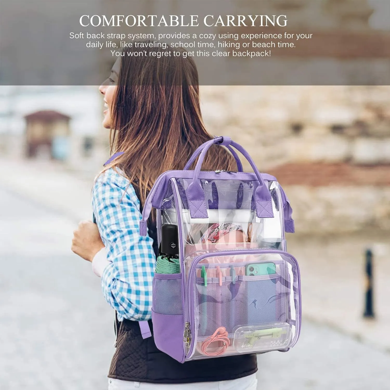 Heavy Duty Clear Backpack for Men Women, School Bag Bookbag PVC Plastic Transparent Backpacks for Boys Girls (Lavender Purple)