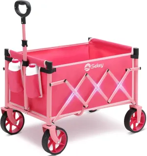 Heavy Duty Wagon with Big Wheels, Foldable Cart with 220LBS Capacity, Utility Lightweight Wagon, Collapsible Grocery Shopping Cart for Camping Sports & Holiday. Barbie Pink