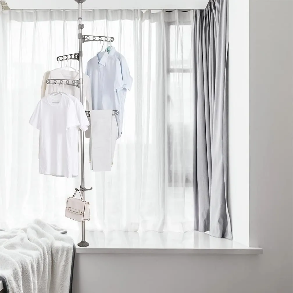 Hershii Adjustable Clothes Drying Rack Indoor Balcony Laundry Storage Organizer Shelf Garment Coat Display Hanger Stand DIY Floor to Ceiling Telescopic Tension Pole Tidy Rail - Grey