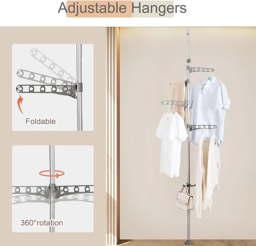 Hershii Adjustable Clothes Drying Rack Indoor Balcony Laundry Storage Organizer Shelf Garment Coat Display Hanger Stand DIY Floor to Ceiling Telescopic Tension Pole Tidy Rail - Grey